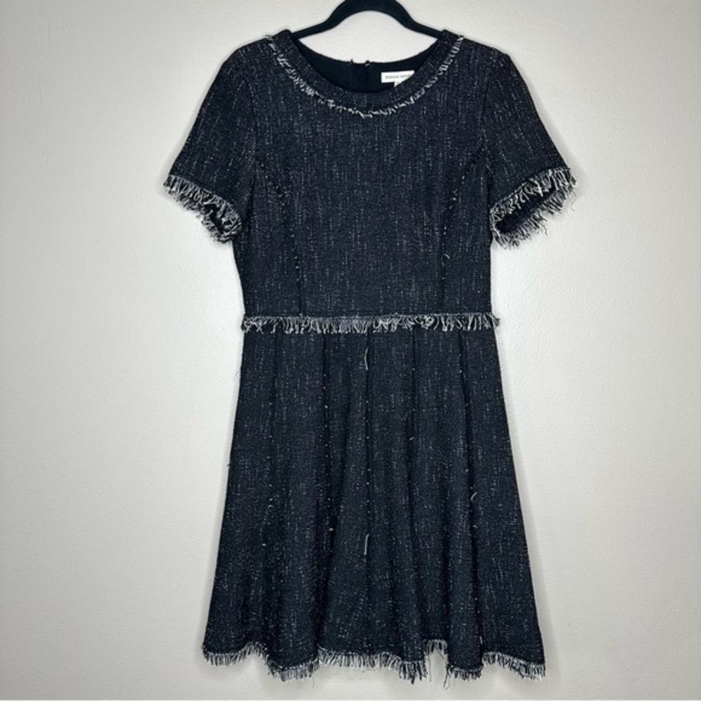 Rebecca Taylor Navy Tweed Short Sleeve Fringe Dress Size 10 Cocktail Formal GALA